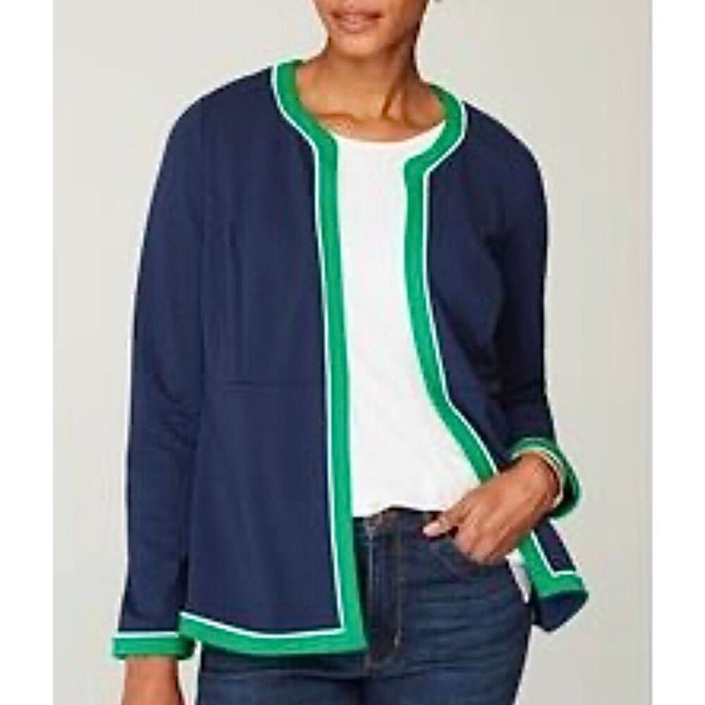 J Jill Jacket Wearever Double-Face Jersey Career Contrast-Trim Navy Blue Green L